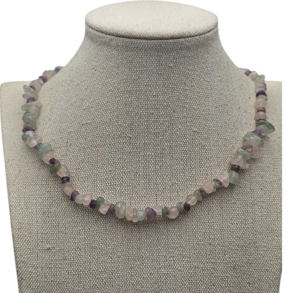 Pastel Gemstone Chip Bead Necklace Fluorite Amethyst Rose Quartz Natural Stone - Picture 5 of 7